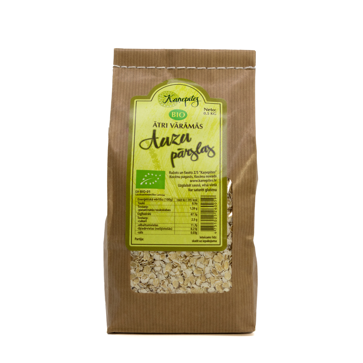 Ātri vārāmās auzu pārslas BIO 500g, Kaņepītes