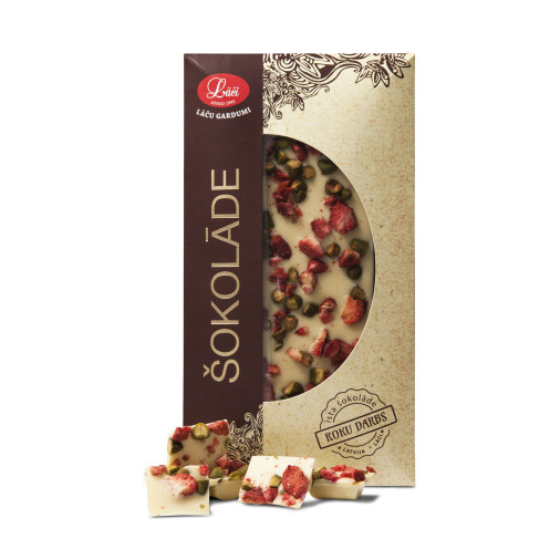 Baltās  šok. tāfelīte ar zemenēm 100g, Lāči