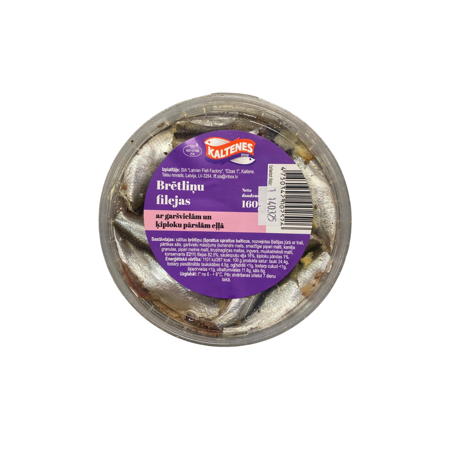 Brētliņu filejas eļļā ar garšvielām - Ķiplociņš 160g, Kaltenes Zivis