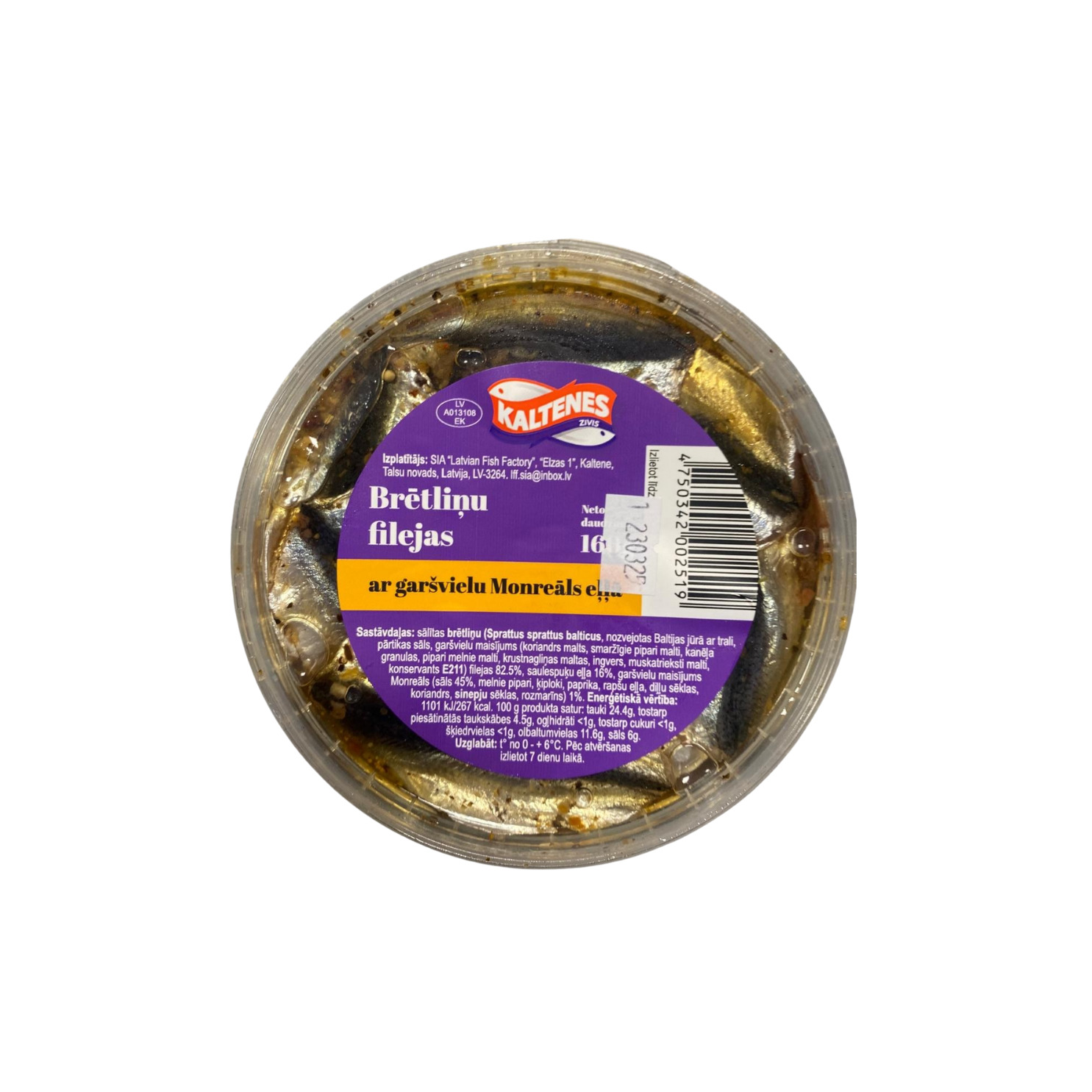 Brētliņu filejas eļļā ar garšvielām - Monreals 160g, Kaltenes Zivis