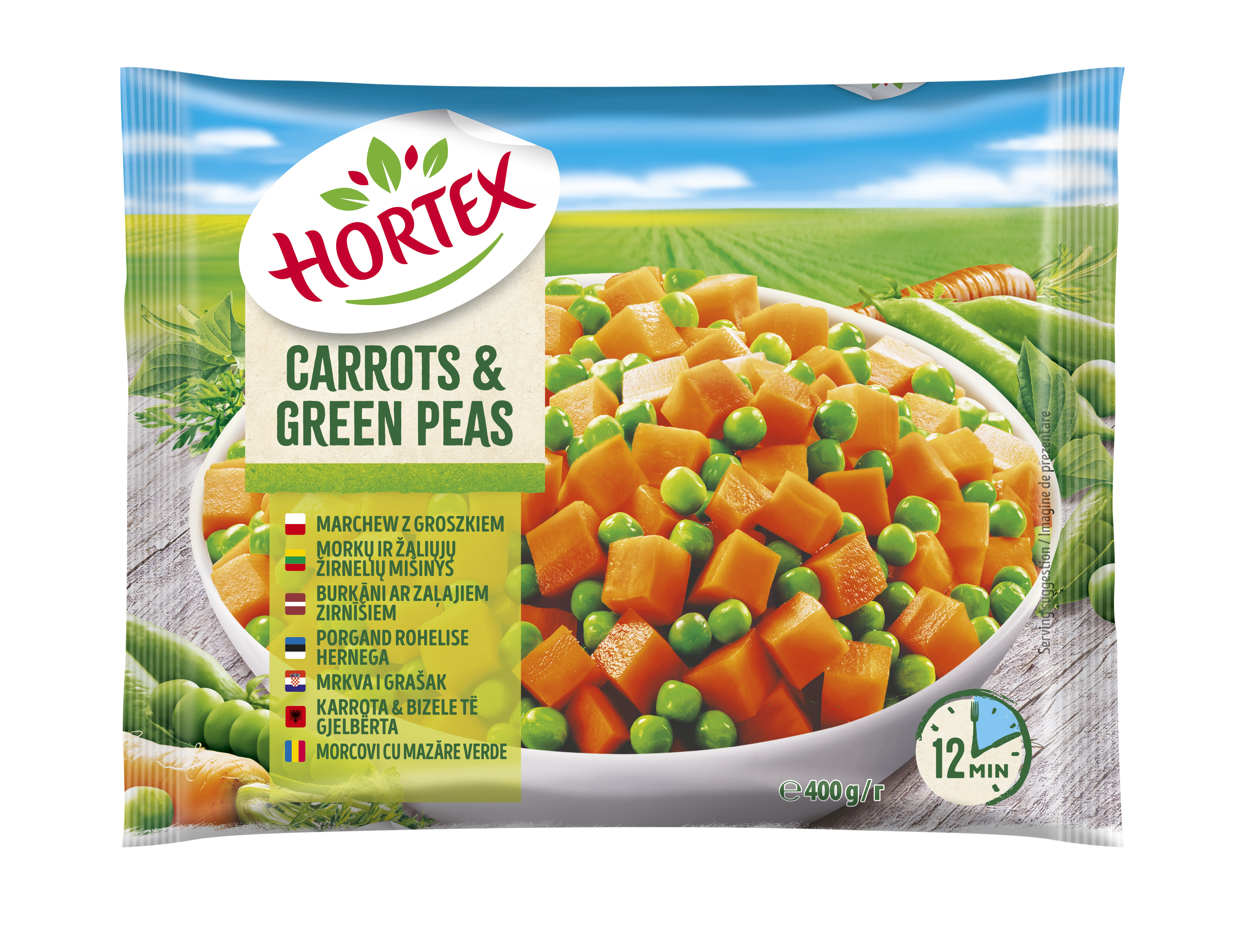 Burkāni ar zaļajiem zirnīšiem, saldēti, 400g, Hortex