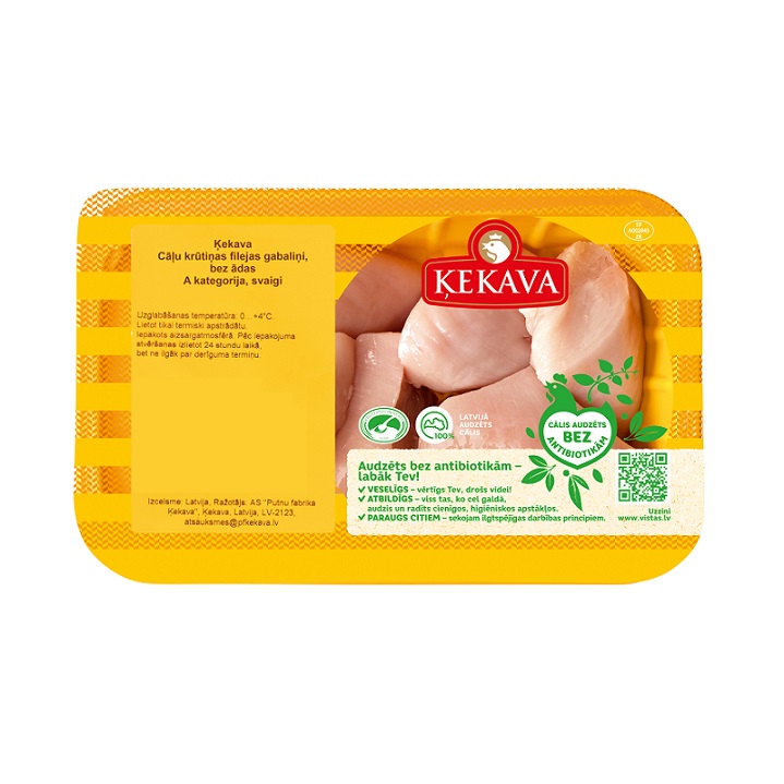 Cāļa kr.filejas gabaliņi bez ādas, Akat.sv.,a/atm. 500g, PF Ķekava