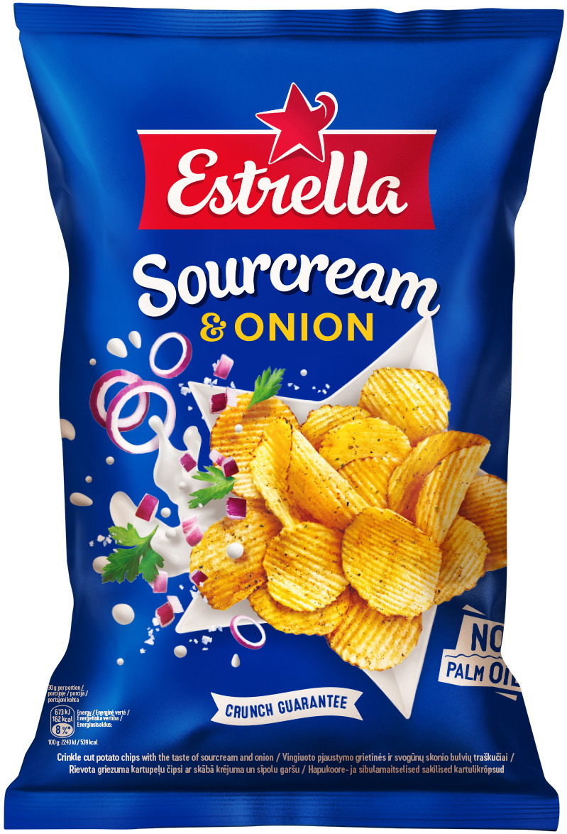 Čipsi ar lauku krējuma un sīpolu garšu 130g, Estrella