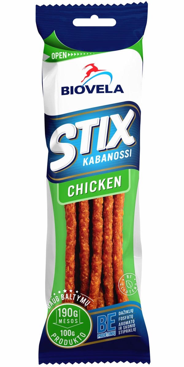 Gaļas (vistas) nūjiņas karsti kūpinātas Stix Kabanossi 100g, Biovela