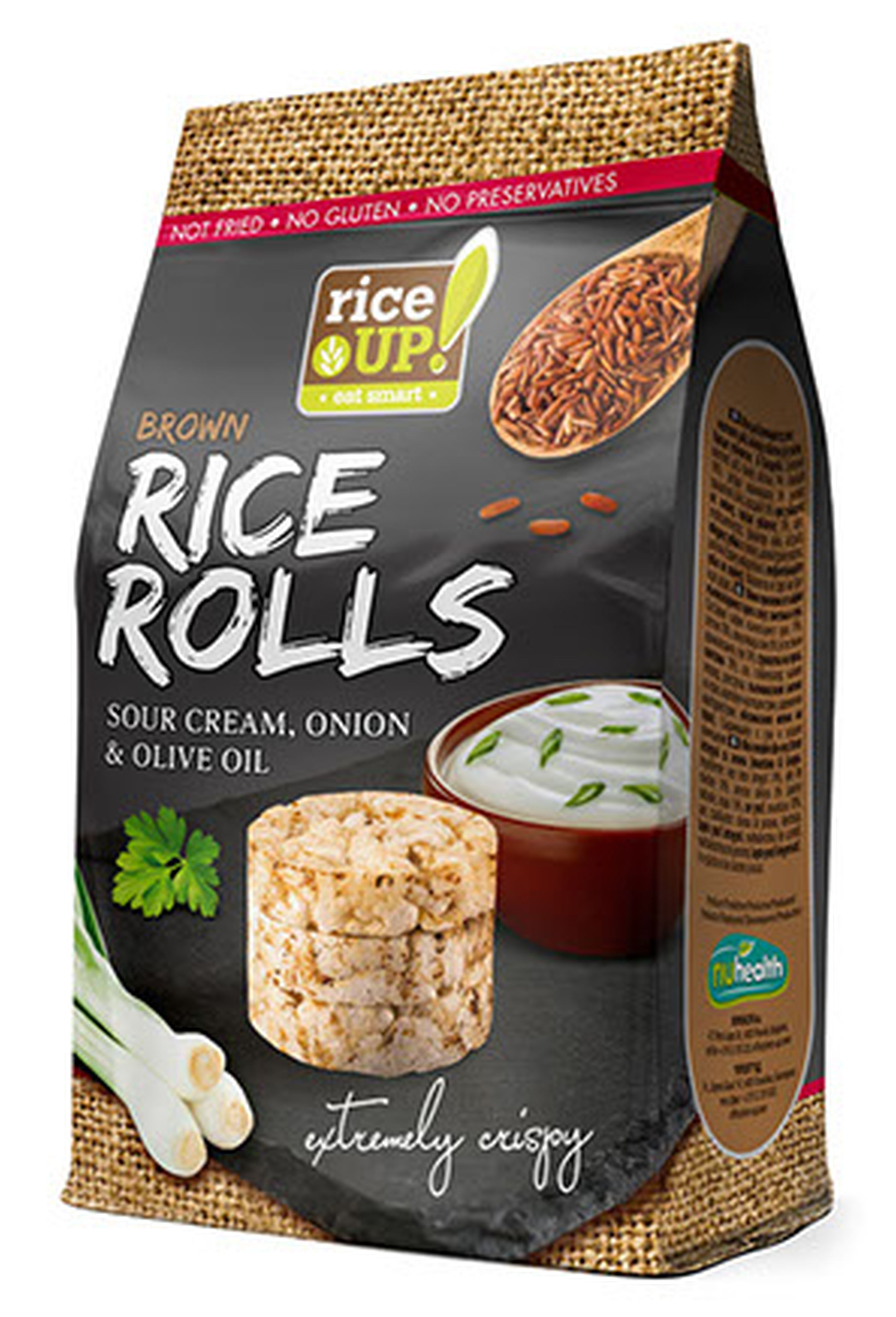 Galetes brūno rīsu Mini Čipsi ar krējumu, sīpoliem, olīveļļu 50g, Rice Up!