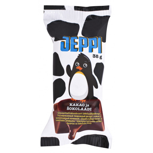 Glazēts biezpiena deserts ar kakao un šokolādes pild. 38g Jeppi