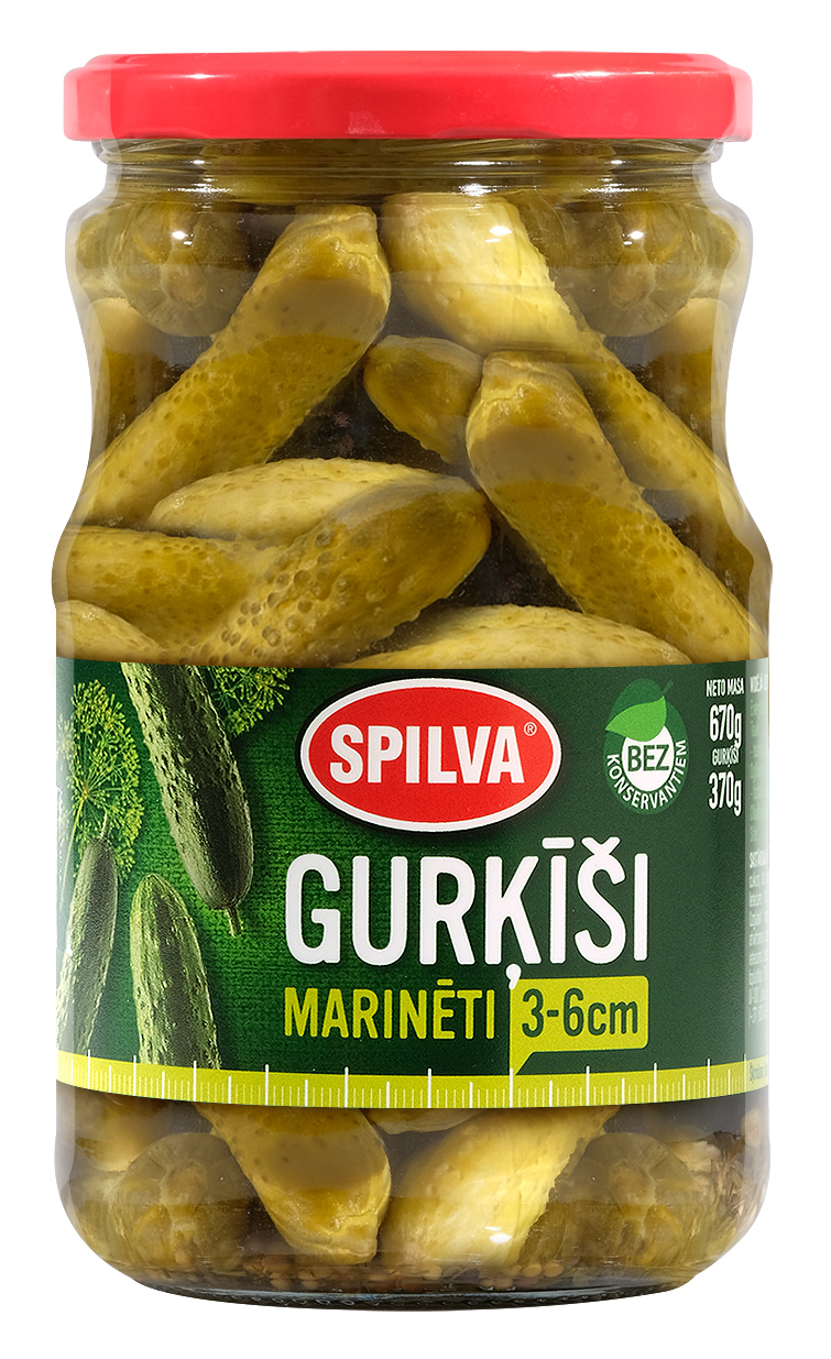 Gurķīši marinēti (3-6cm) 670g (370g), Spilva