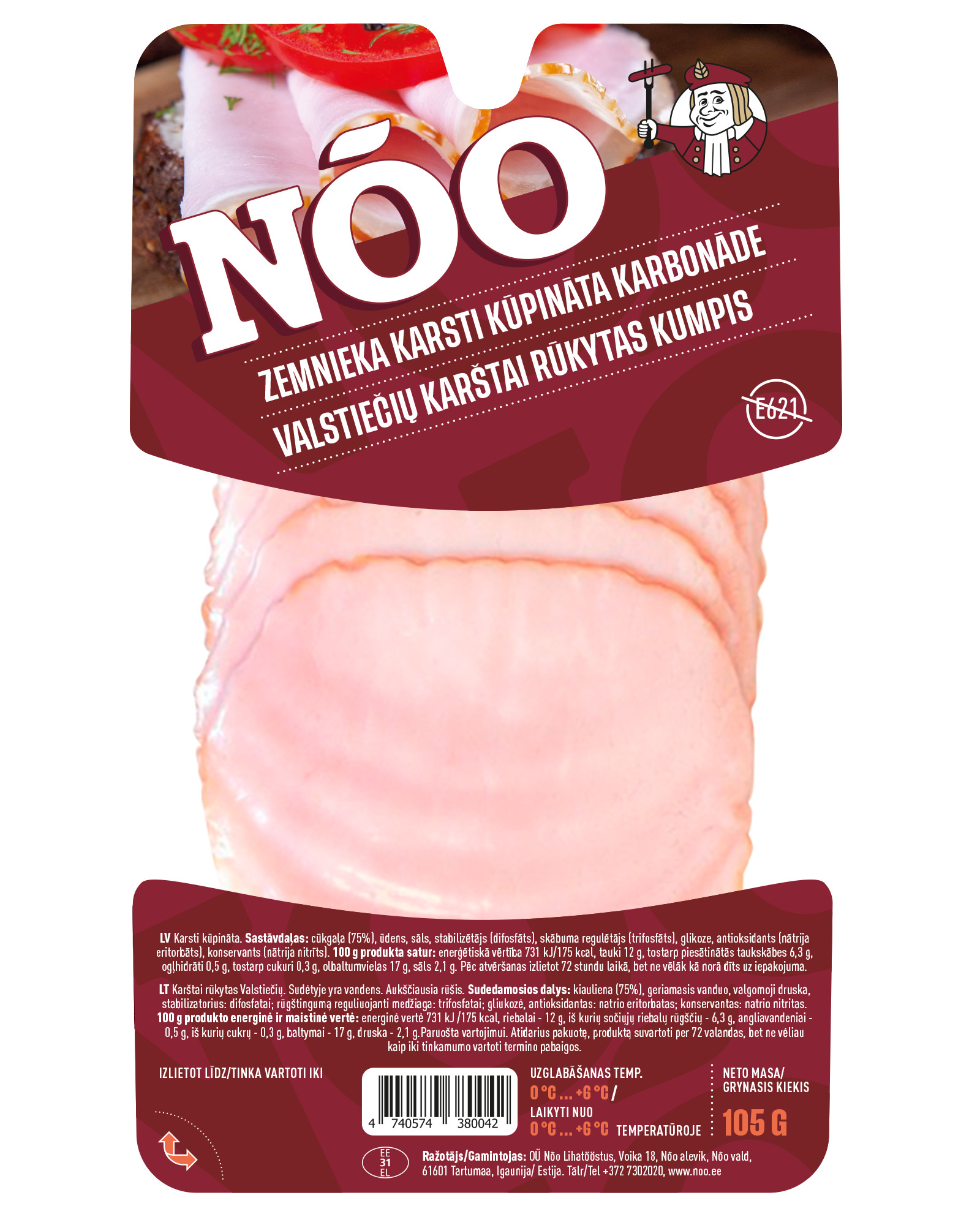 Karbonāde Zemnieka k/k šķēlēs 105g, NOO Cepeškungs