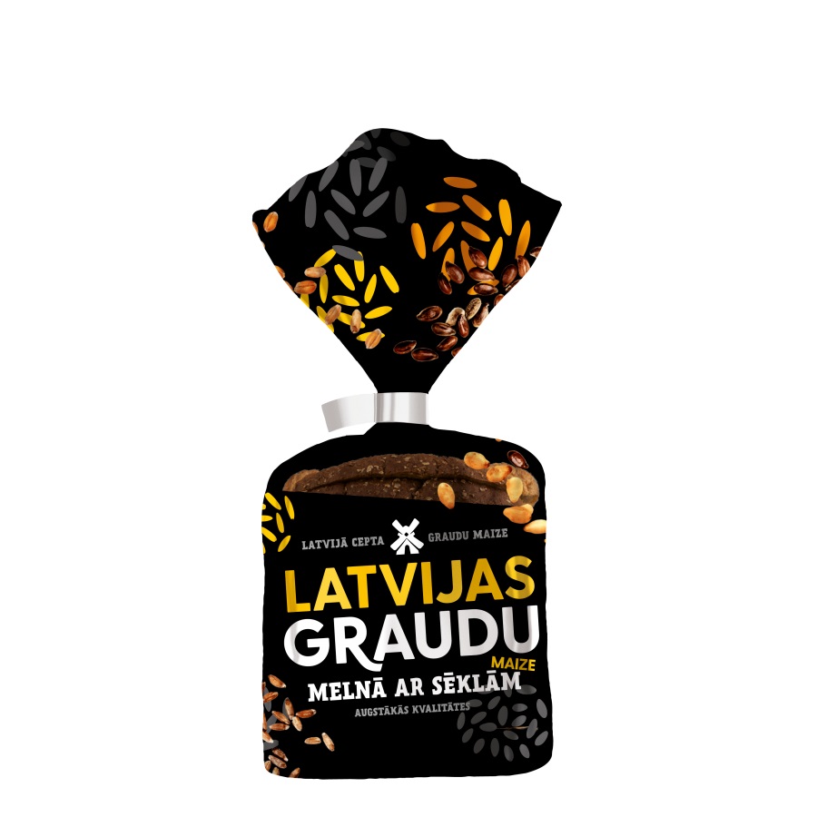 "LATVIJAS Graudu maize" melnā ar sēklām 340g , Latvijas Maiznieks