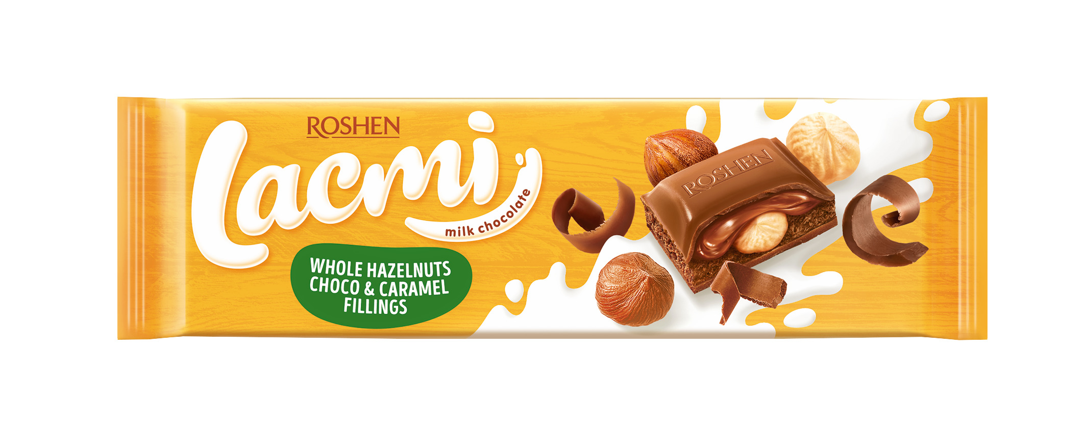 Piena šokolāde ar veseliem lazdu riekstiem un karameles pild. Lacmi 295g