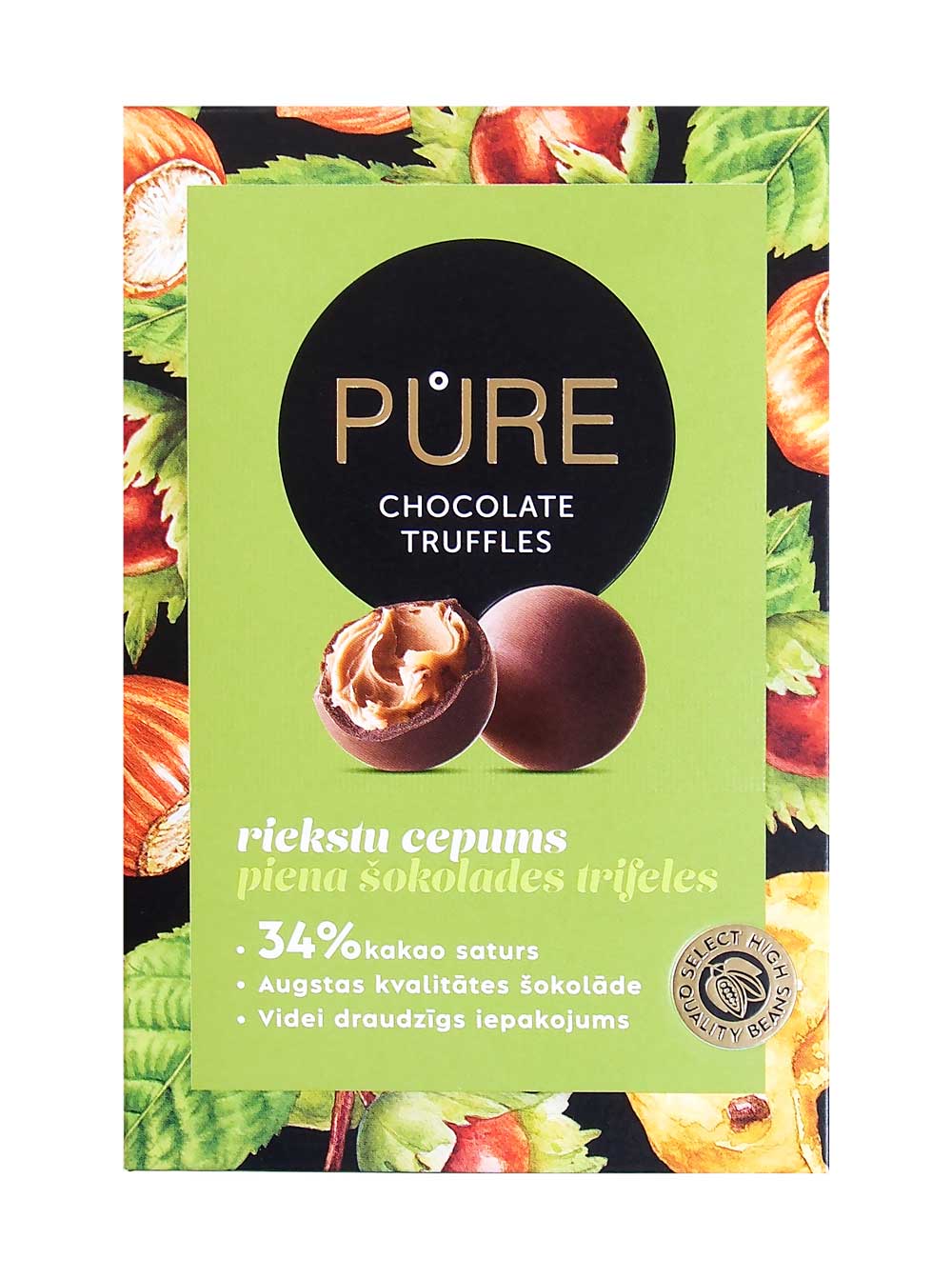 Piena šokolādes trifeles ar lazdu riekstu un kraukšķīgo cepumu krēma pild. 148g, Pure