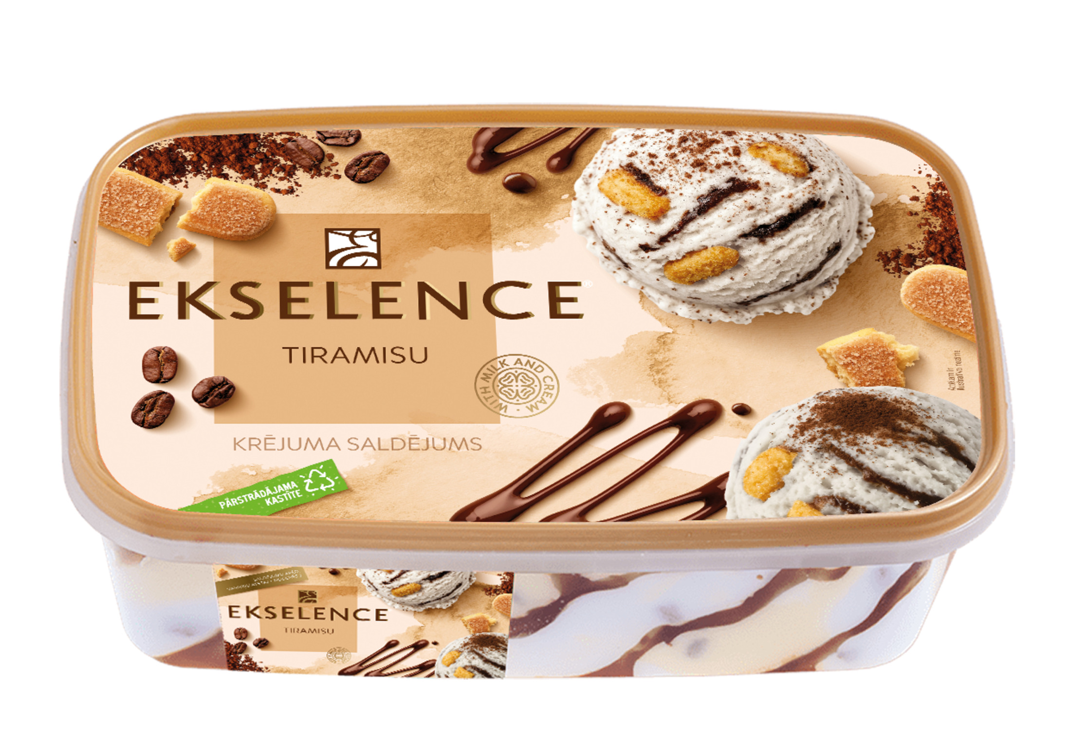 Saldējums krējuma Tiramisu garšas ar kafijas biskvīta gab., šok. mērci 1000ml/500g, Ekselence
