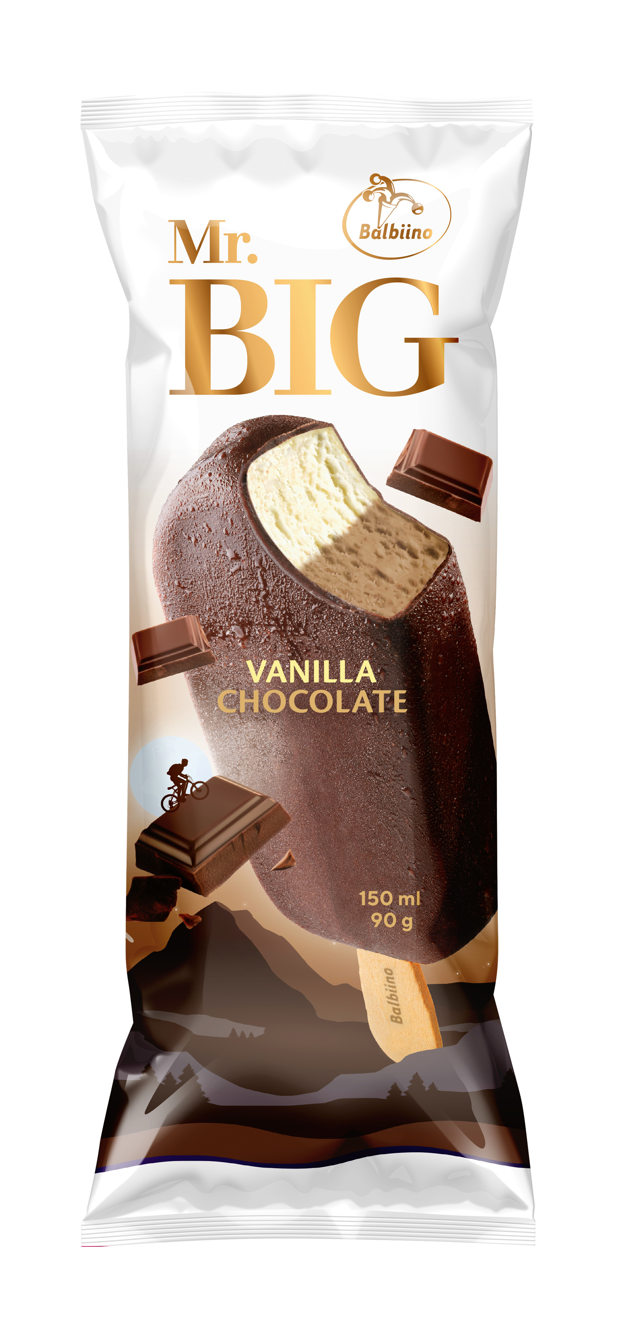 Saldējums krējuma Vaniļas - Šokolādes šok. glaz. uz kociņa Mr. Big 150ml/ 90g, Balbiino