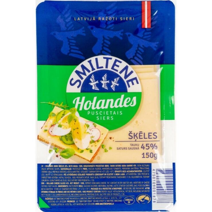 Siers Holandes 45% šķēlēs 150g, Smiltene
