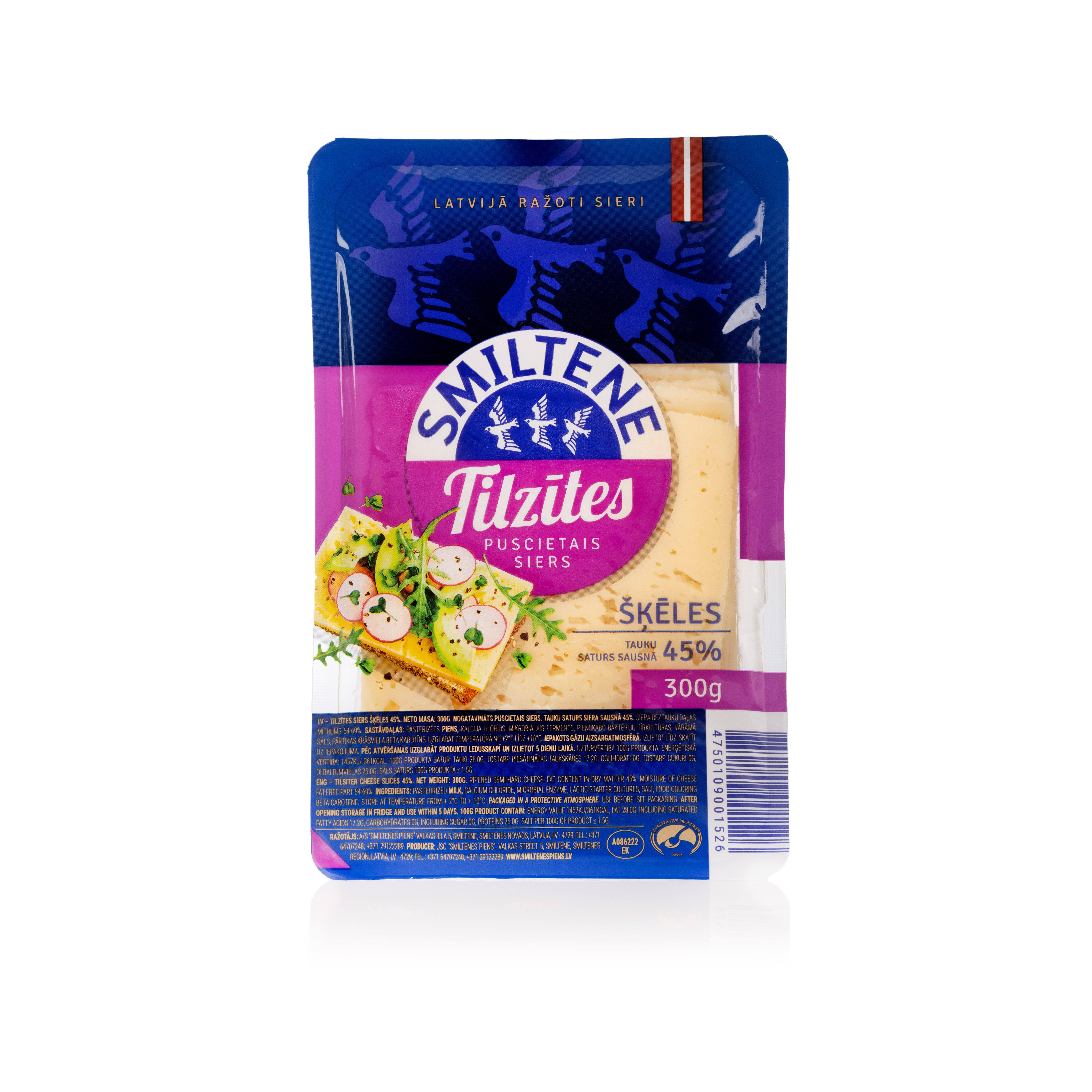 Siers Tilzītes 45% šķēlēs 300g, Smiltene