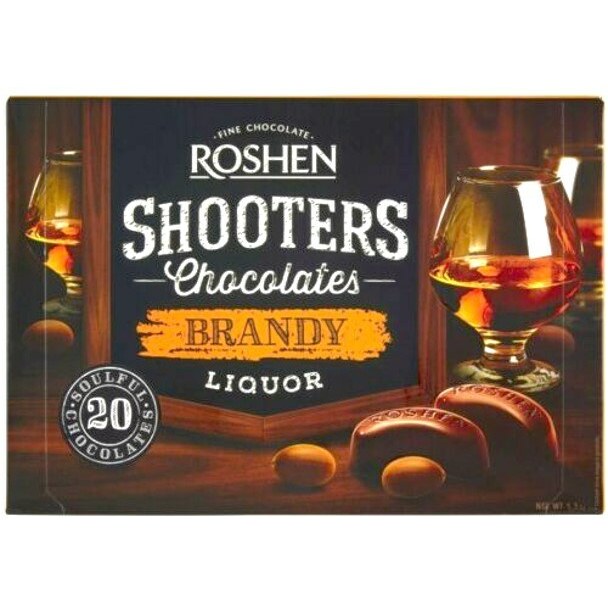 Šok. konfekšu kaste Shooters ar brendija liķieri 150g, Roshen