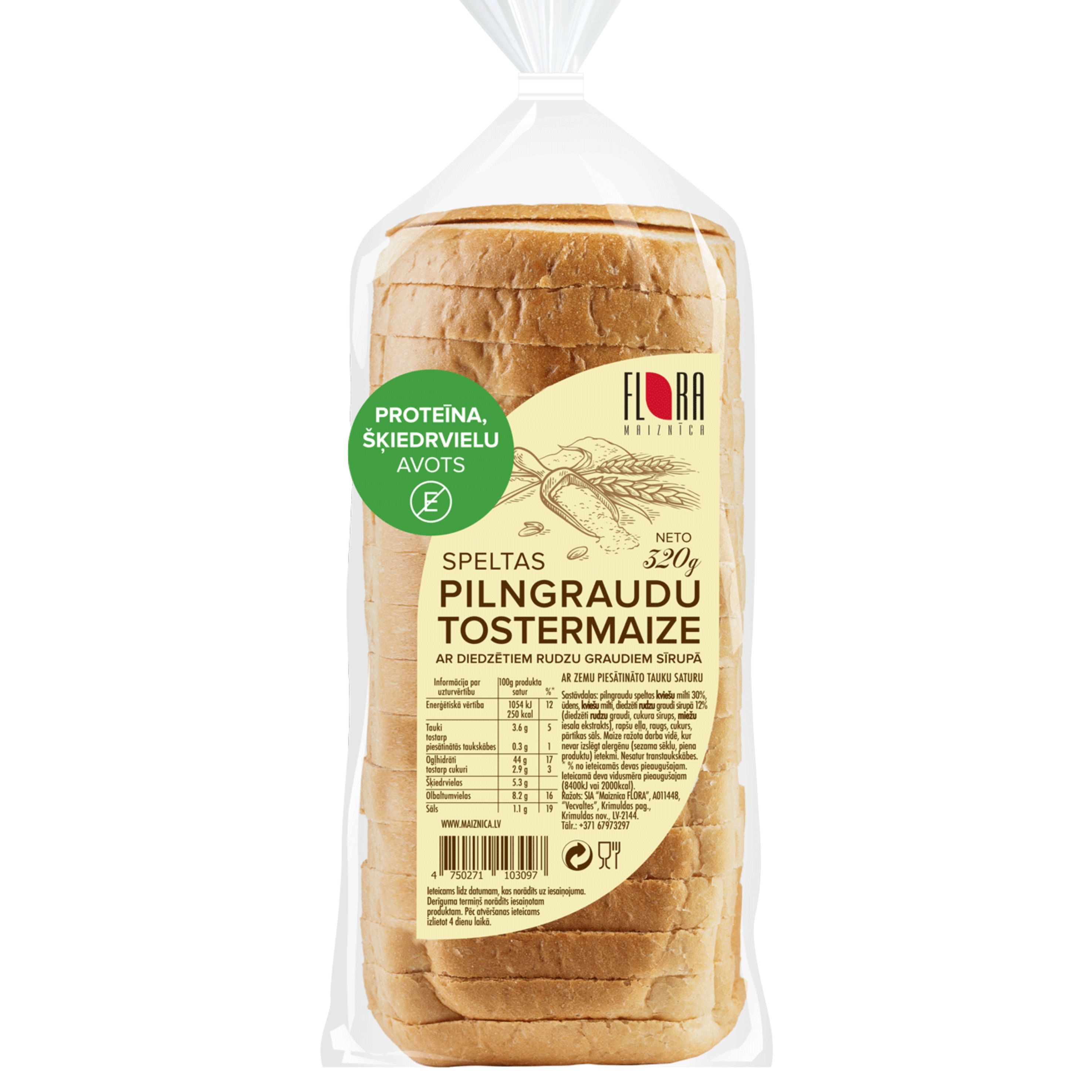 Tostermaize pilngraudu Speltas 320g, Flora Maiznīca