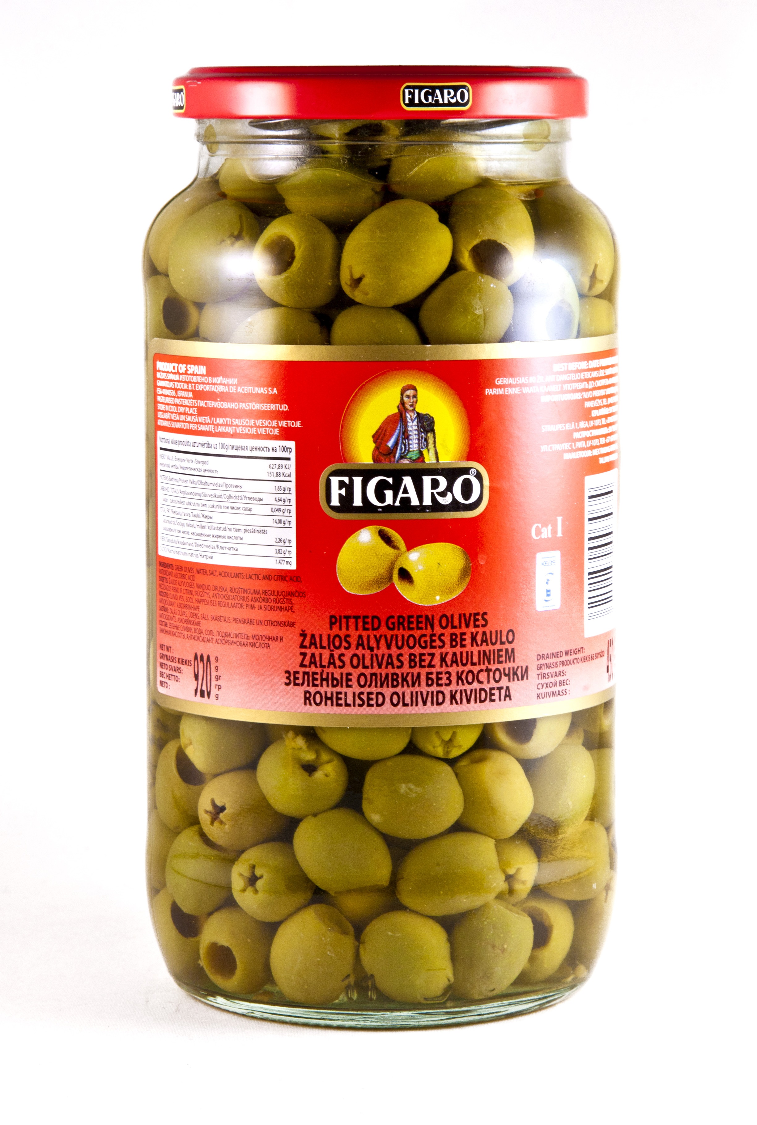 Zaļās olīvas bez kauliņiem 920g (575g), Figaro