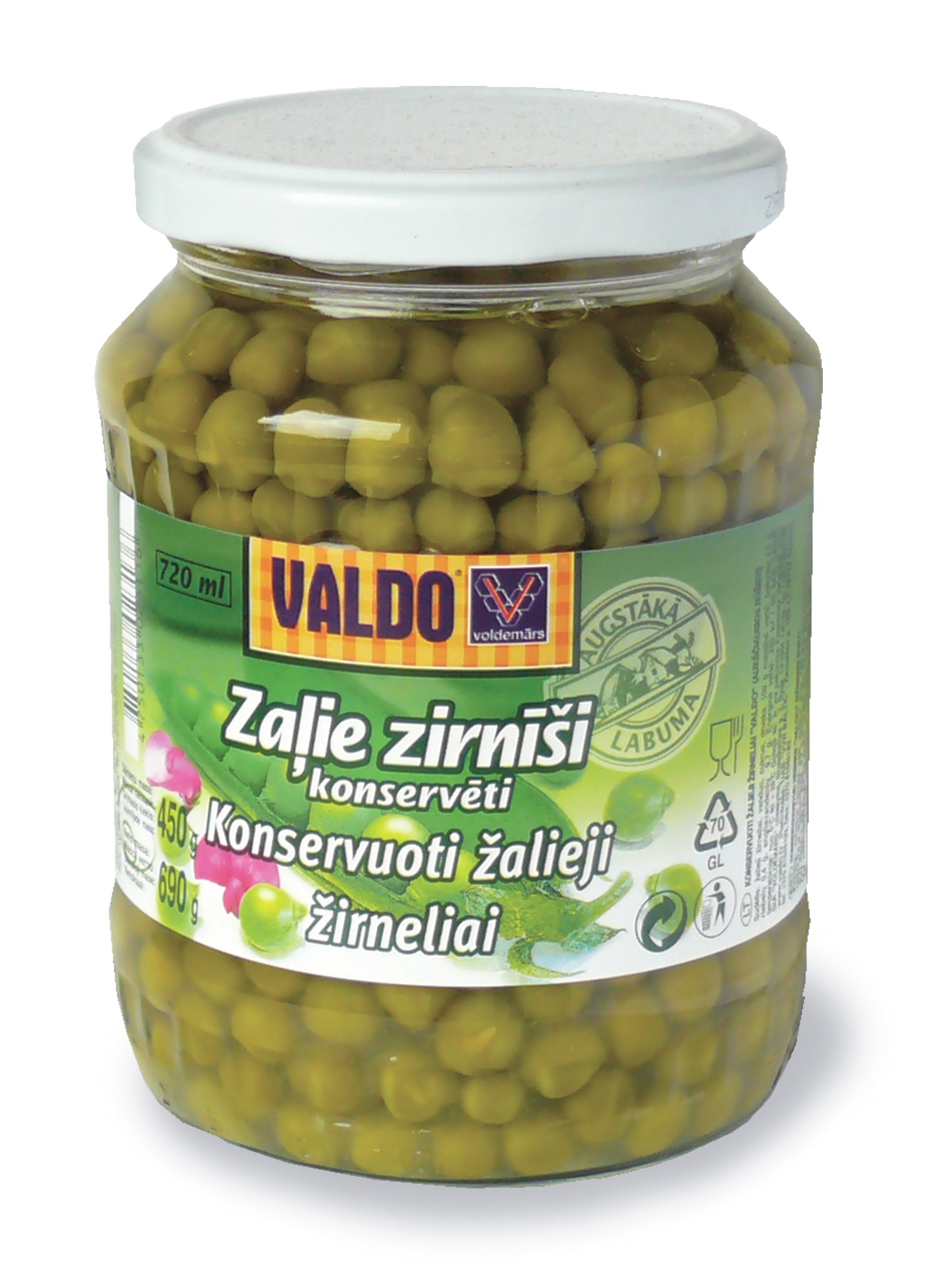 Zaļie zirnīši 690g stikls (450g), Valdo
